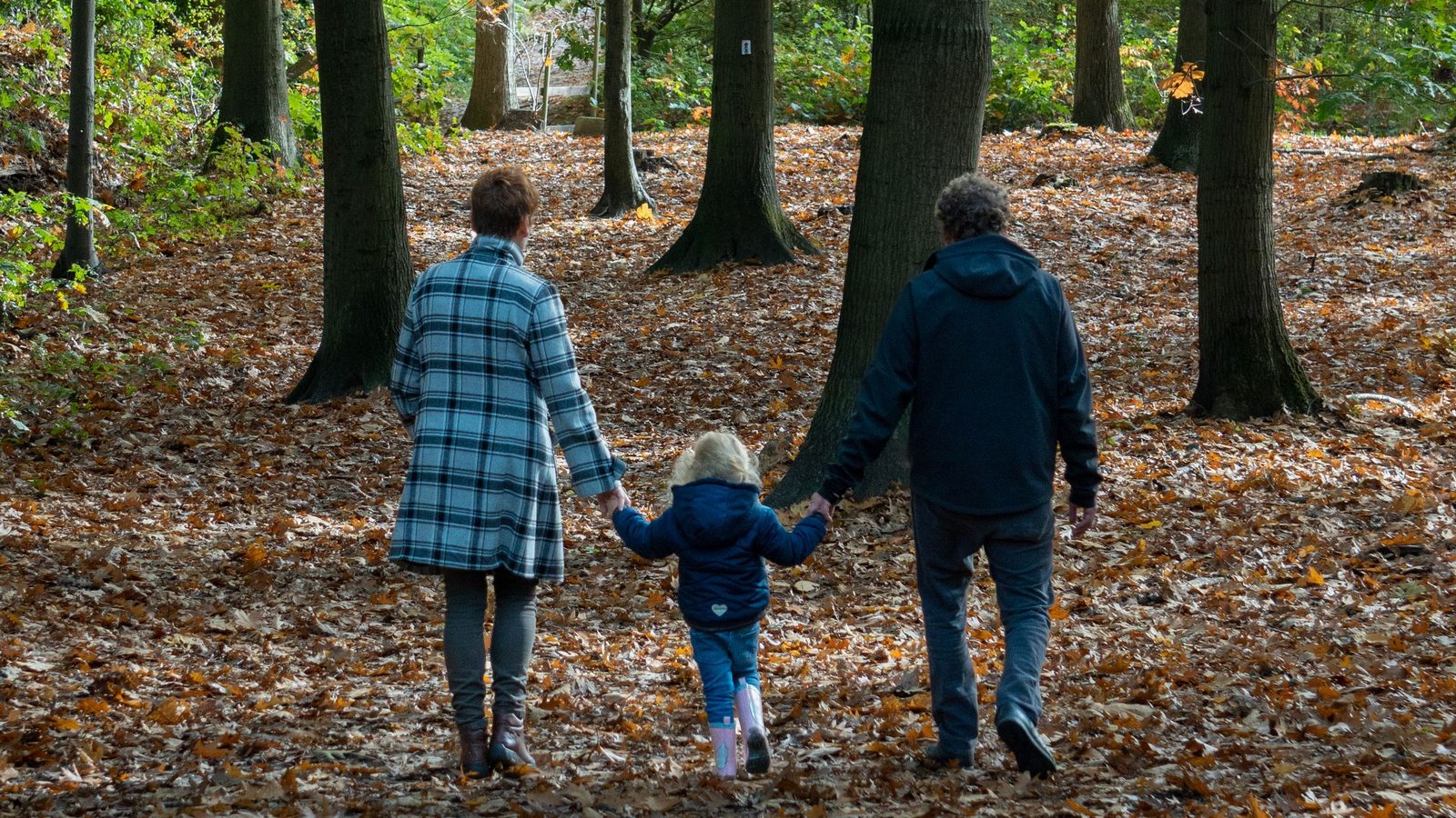 Een gezin met een peuter wandelt hand in hand over een bospad vol herfstbladeren